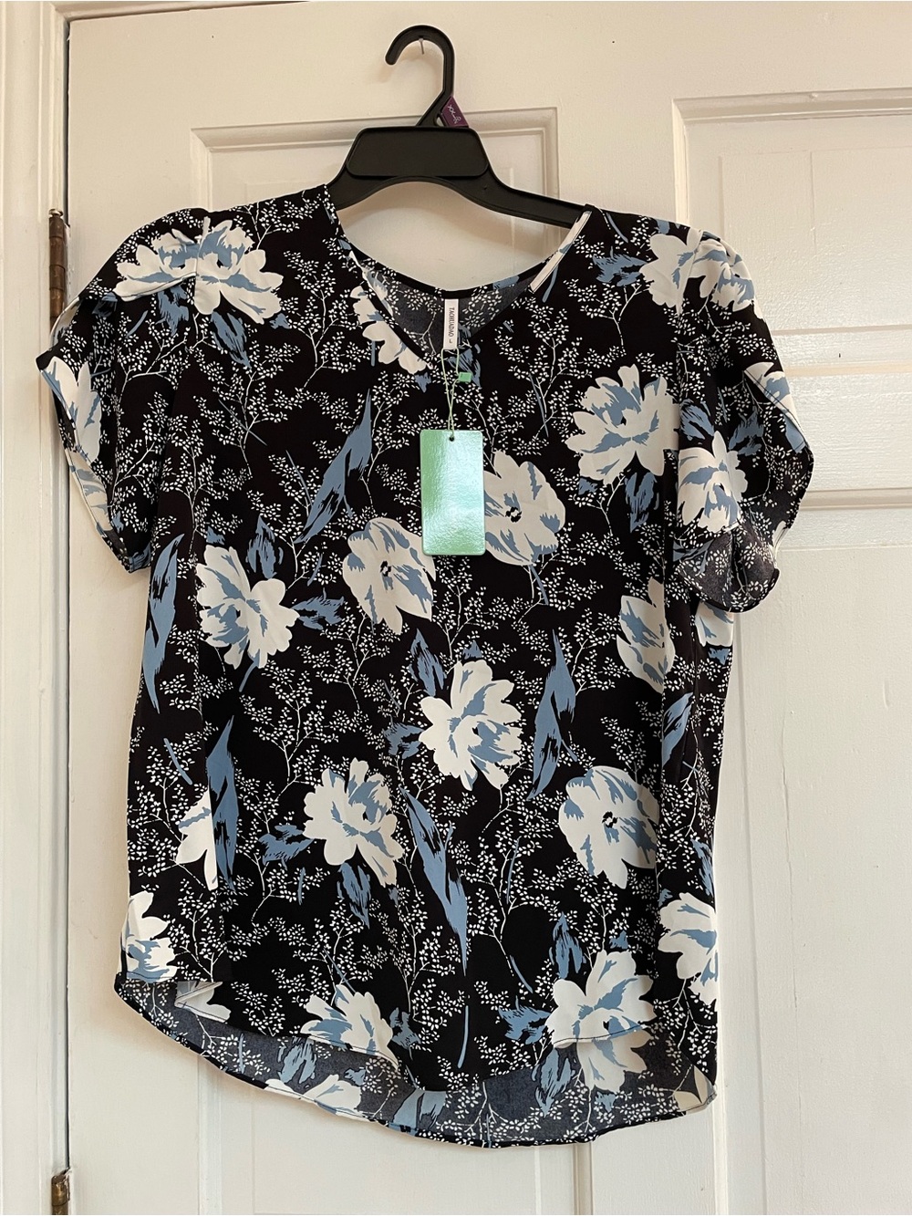 Black Floral Short-Sleeve Blouse with Light Blue and White Blooms